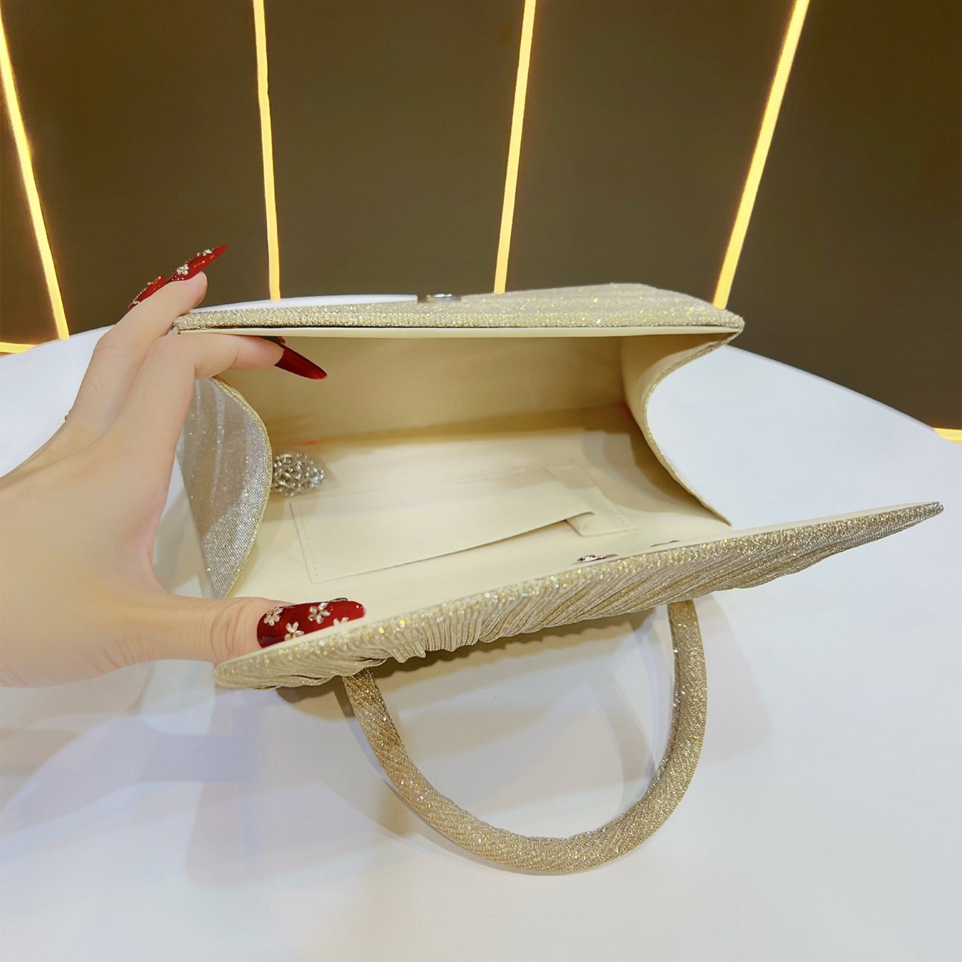 Festival Gold Crinkle Handbag - Party Must-Have Dressy Clutch, Elegant Shoulder Bag For Banquet And Evening